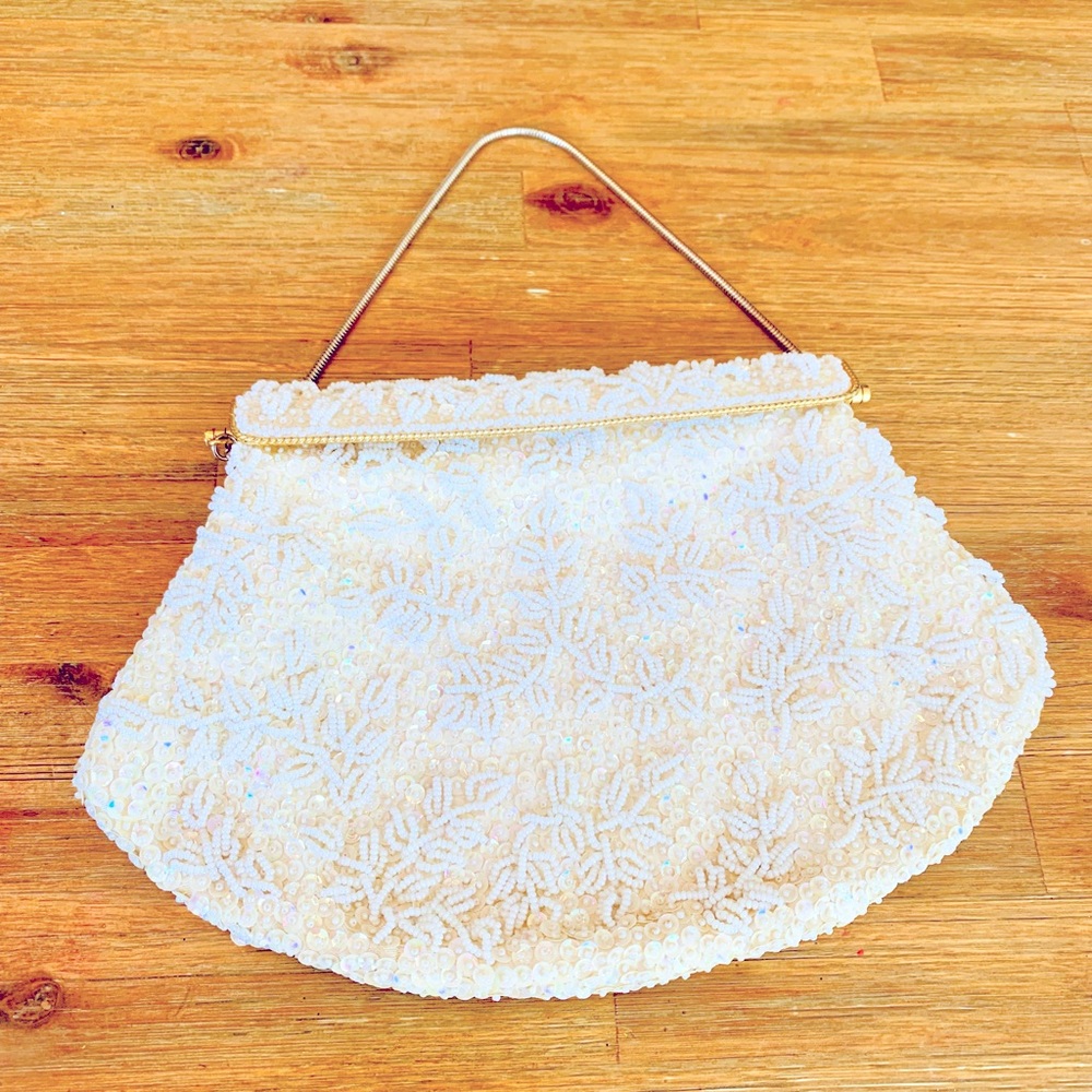 White beaded sequin satin lined handbag elegant formal